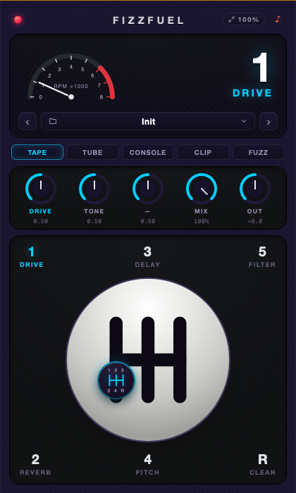 FIZZFUEL plugin interface — a gearshift selecting one of six effects, with a style selector and per-effect knobs