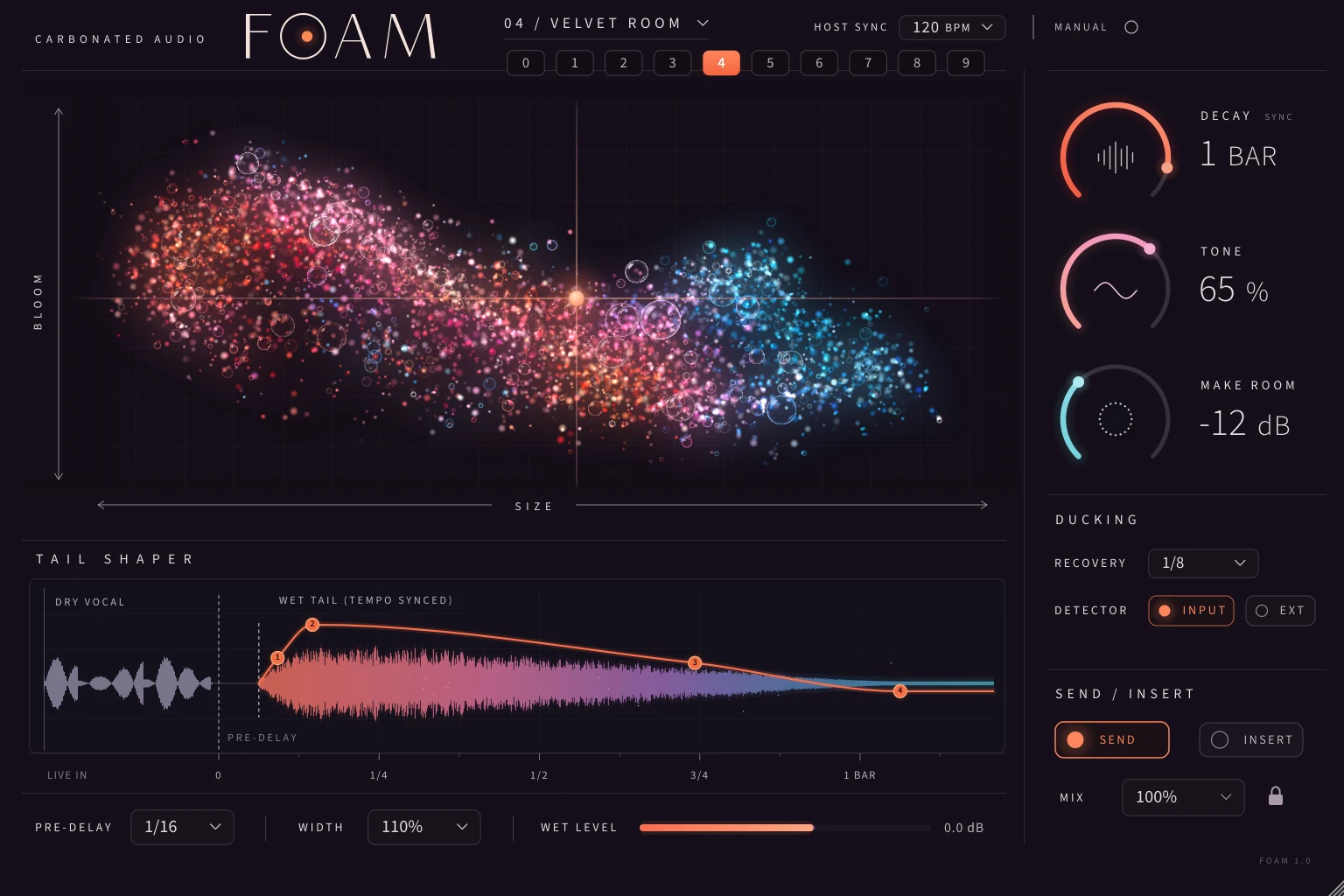 The FOAM reverb plugin interface: a particle cloud on a Size and Bloom field, the Tail Shaper below it, and Decay, Tone, Make Room and ducking controls on the right