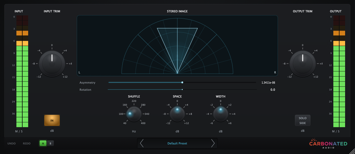 Pour M/S stereo imager interface — vectorscope with Shuffle, Space, Width, Rotation, and Asymmetry controls