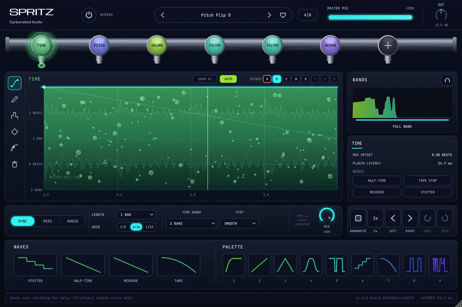 The SPRITZ editor on the Pitch Flip 8 preset: a six-tap chain (TIME, PITCH, VOLUME, FILTER, FILTER, REVERB) above the TIME curve editor with AUTO scenes on, the bands spectrum, and the wave and palette strips