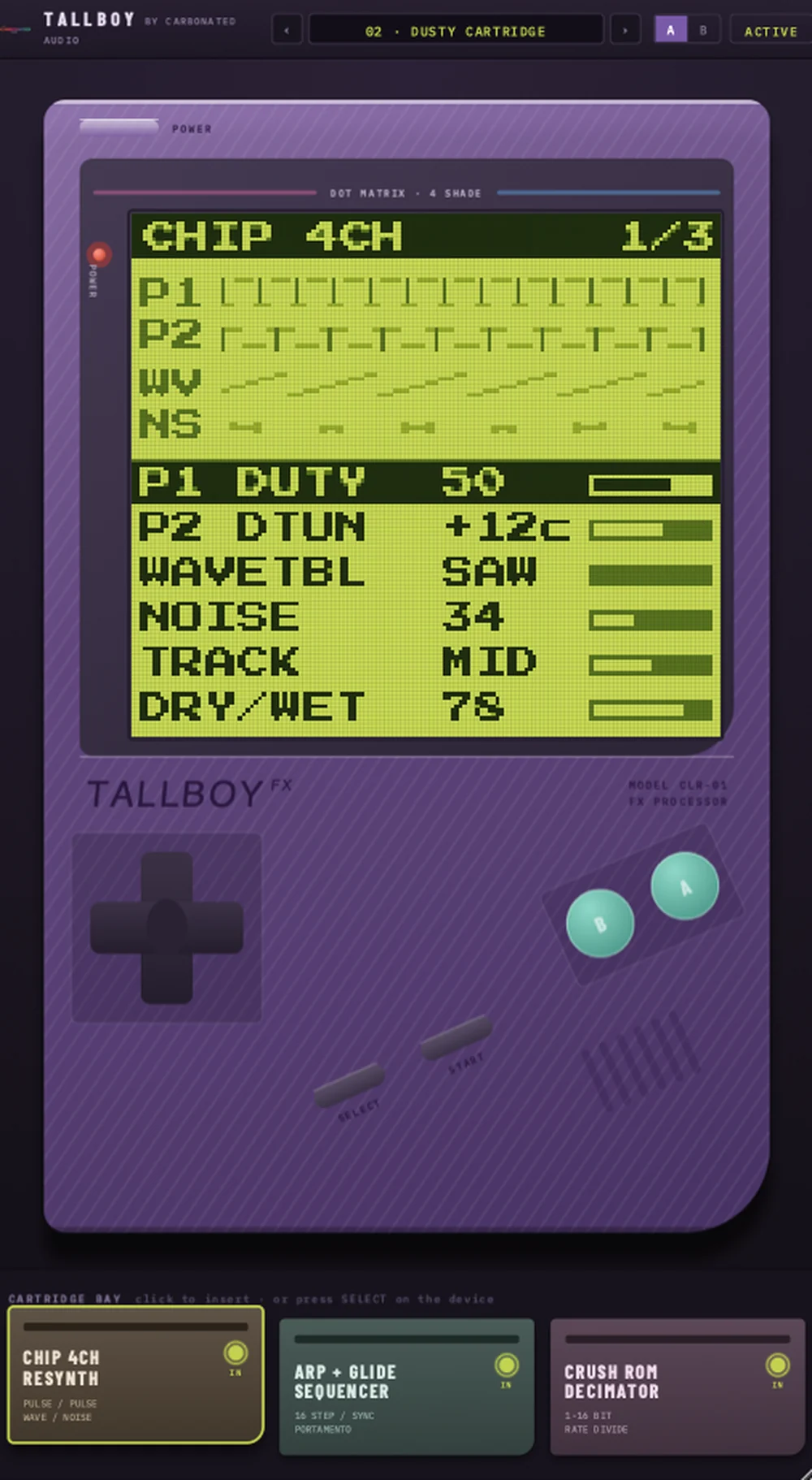 The TALLBOY plugin: a violet handheld console with a four-shade green dot-matrix screen showing the CHIP 4CH cartridge, a D-pad, A and B buttons, and three cartridge cards below